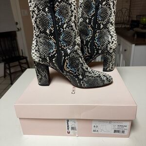 Chinese Laundry Black and White Heeled Boots with Snakeskin Pattern